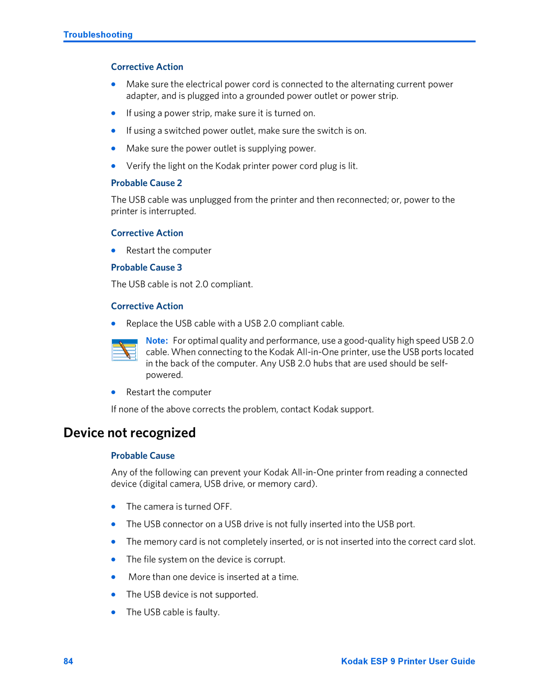 Kodak ESP 9 manual Device not recognized, Restart the computer, USB cable is not 2.0 compliant 