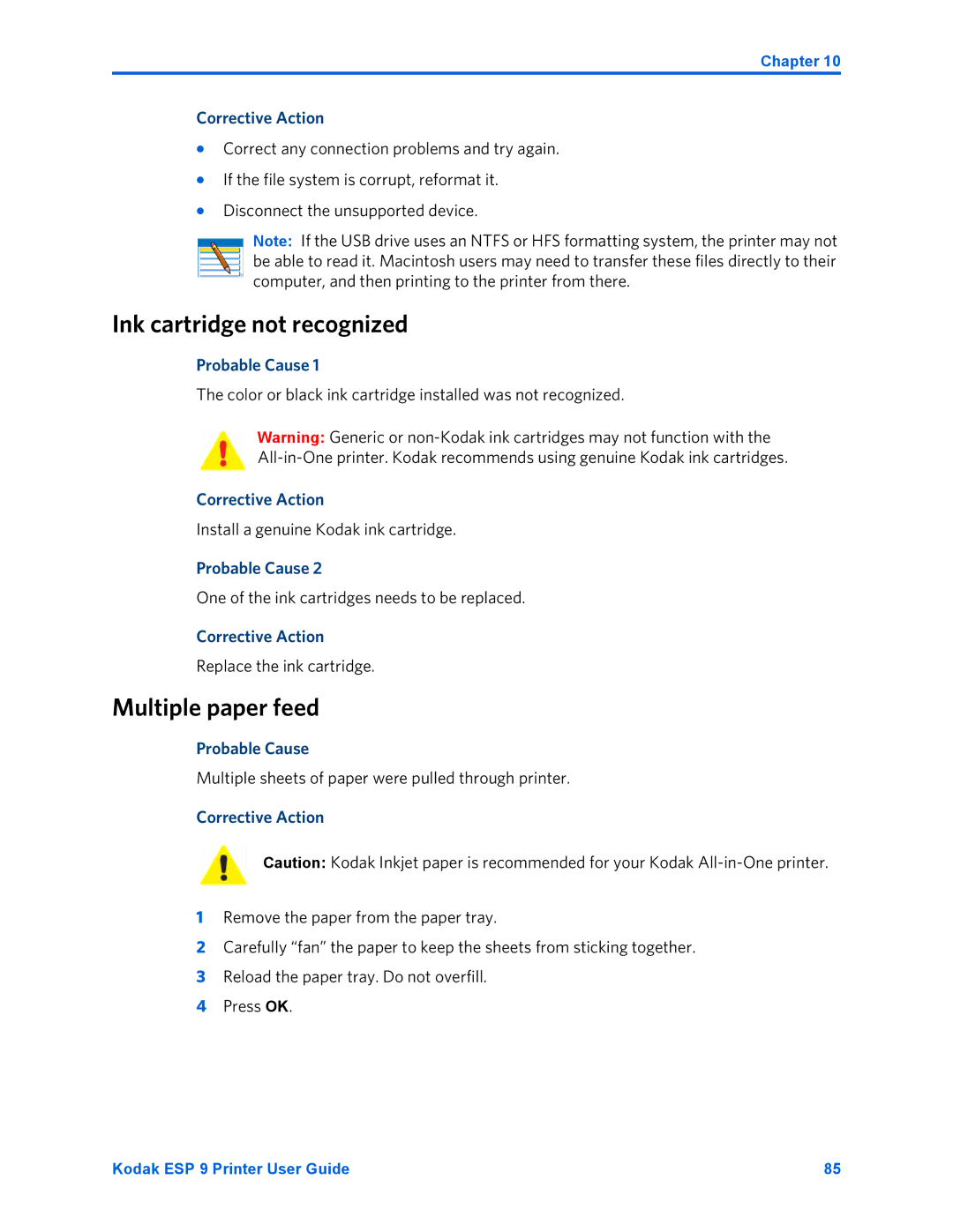 Kodak ESP 9 manual Ink cartridge not recognized, Multiple paper feed 