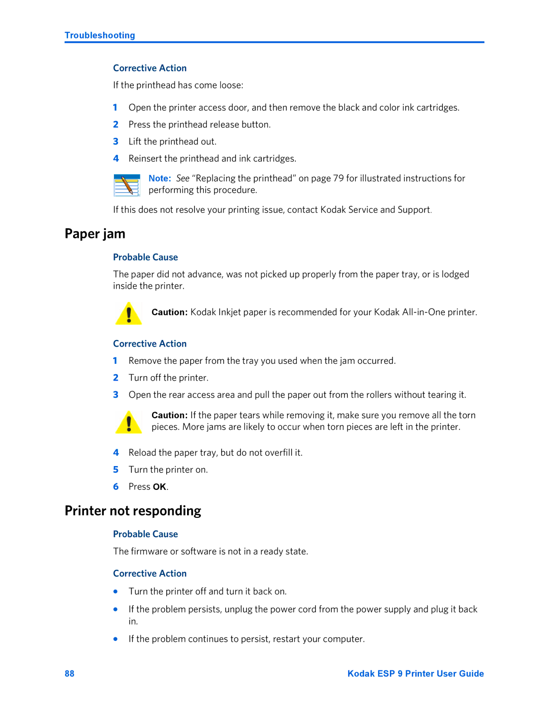 Kodak ESP 9 manual Paper jam, Printer not responding, Firmware or software is not in a ready state 