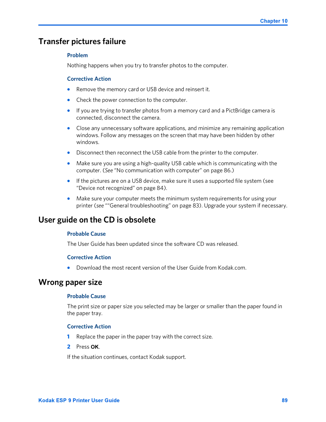 Kodak ESP 9 manual Transfer pictures failure, User guide on the CD is obsolete, Wrong paper size 