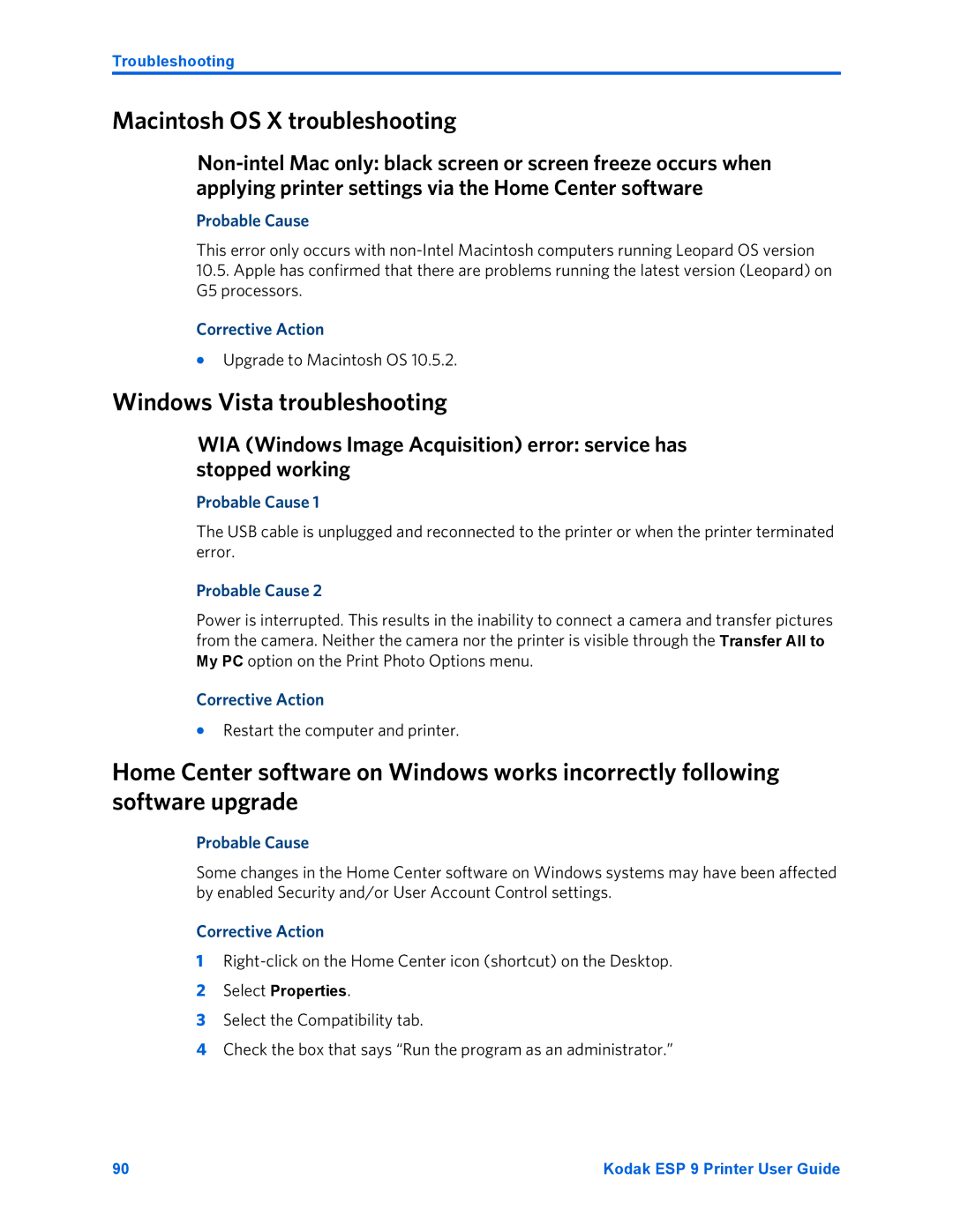 Kodak ESP 9 manual Macintosh OS X troubleshooting, Windows Vista troubleshooting, Upgrade to Macintosh OS 