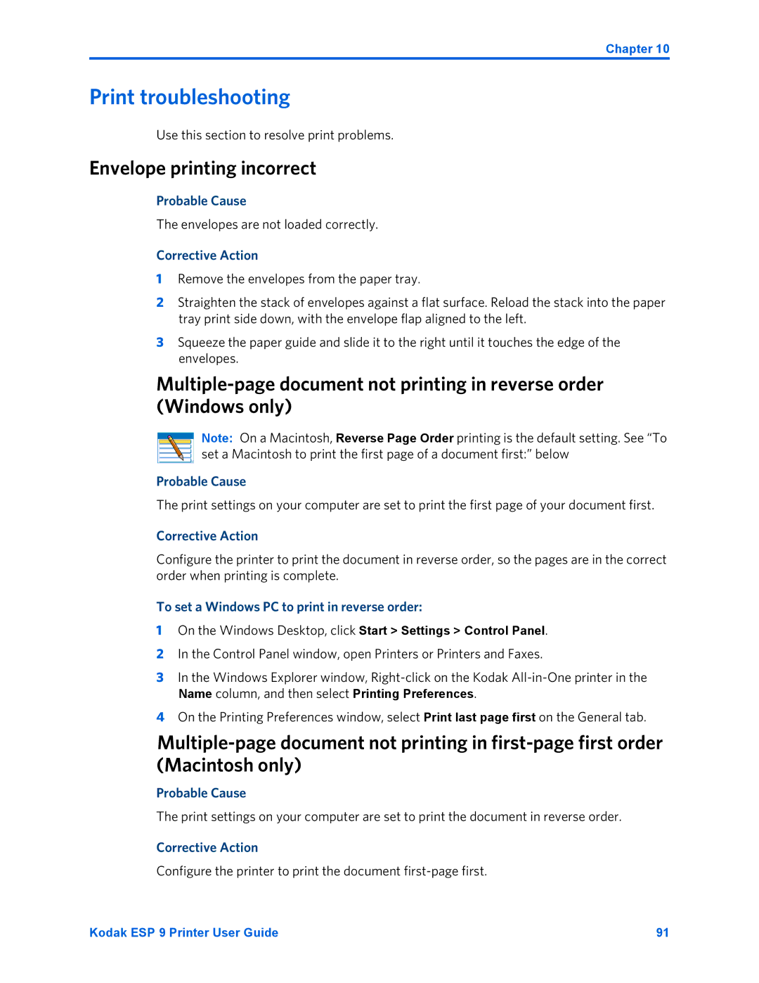 Kodak ESP 9 manual Print troubleshooting, Envelope printing incorrect, Use this section to resolve print problems 