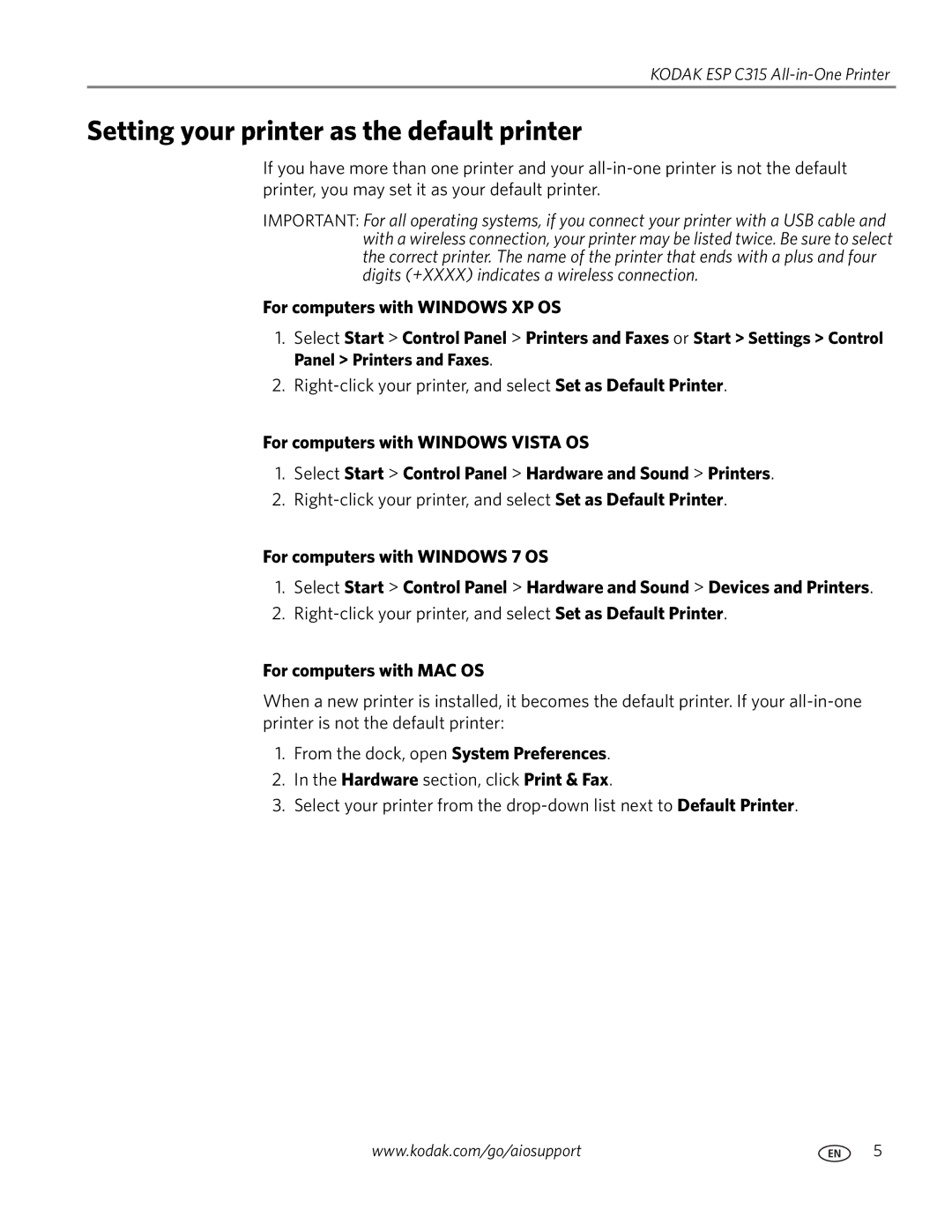 Kodak ESP C315 Setting your printer as the default printer, For computers with Windows XP OS, For computers with MAC OS 