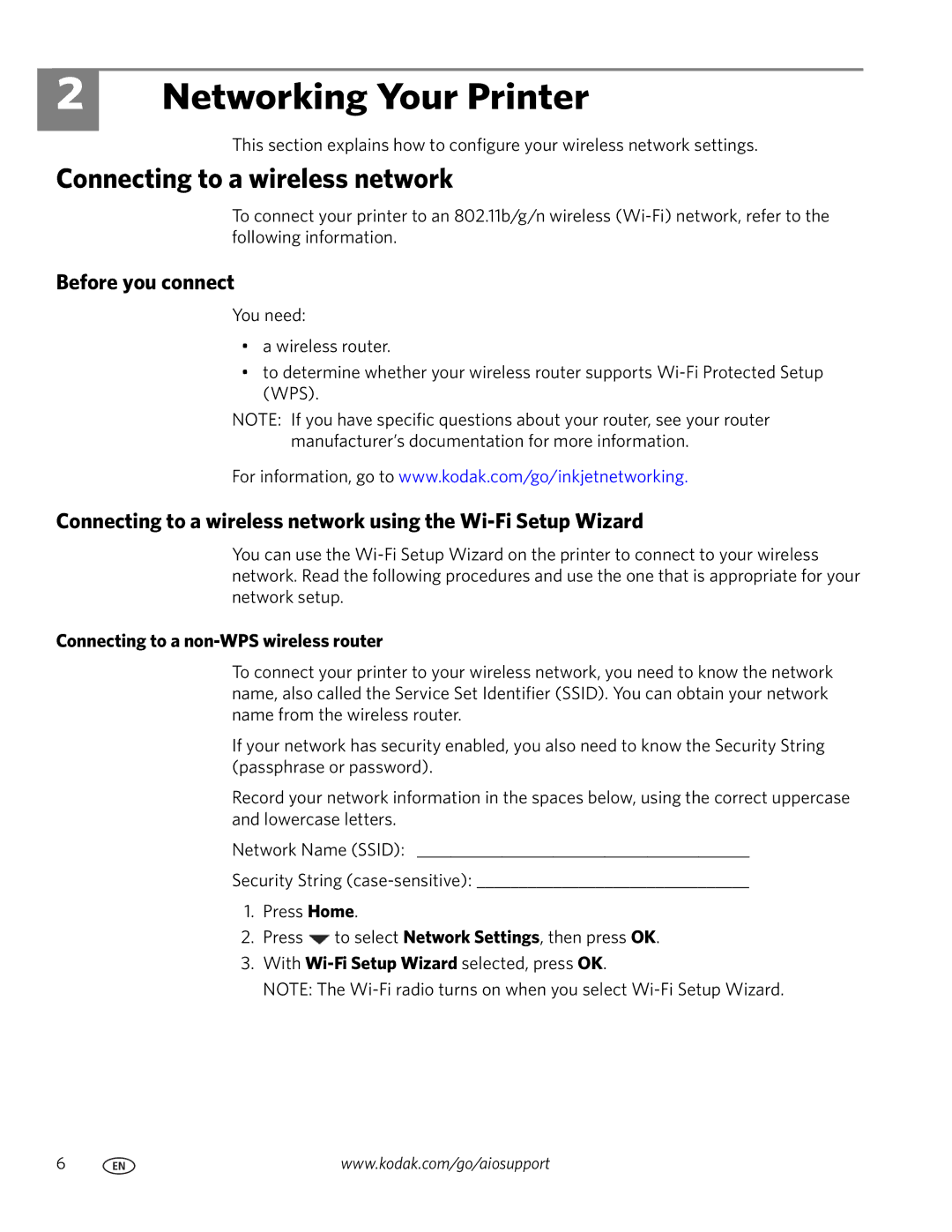 Kodak ESP C315 manual Networking Your Printer, Connecting to a wireless network, Before you connect 