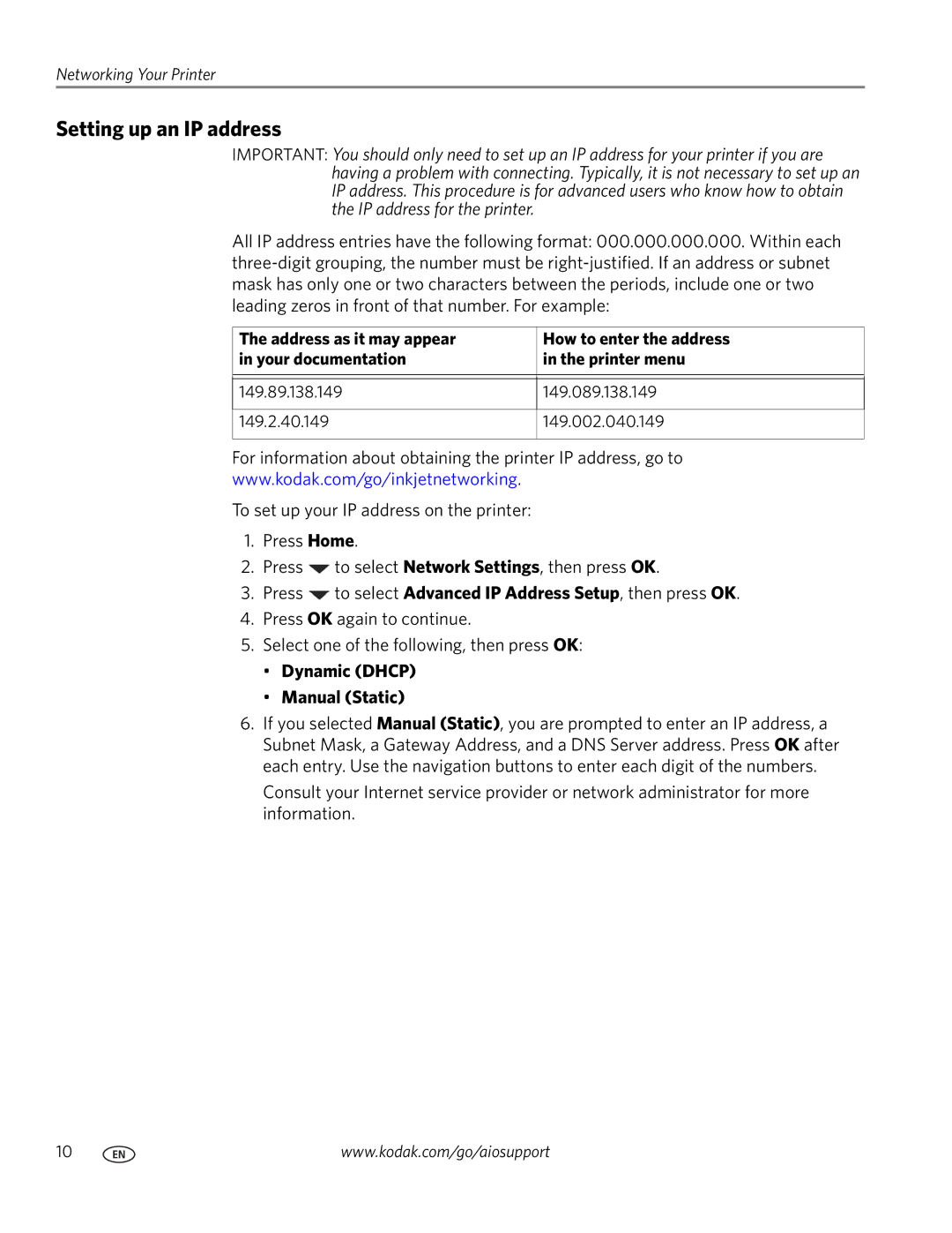 Kodak ESP C315 manual Setting up an IP address, Dynamic Dhcp Manual Static 