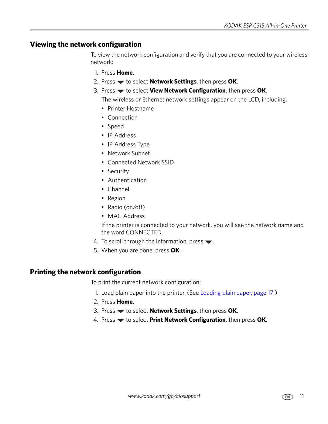 Kodak ESP C315 manual Viewing the network configuration, Printing the network configuration 