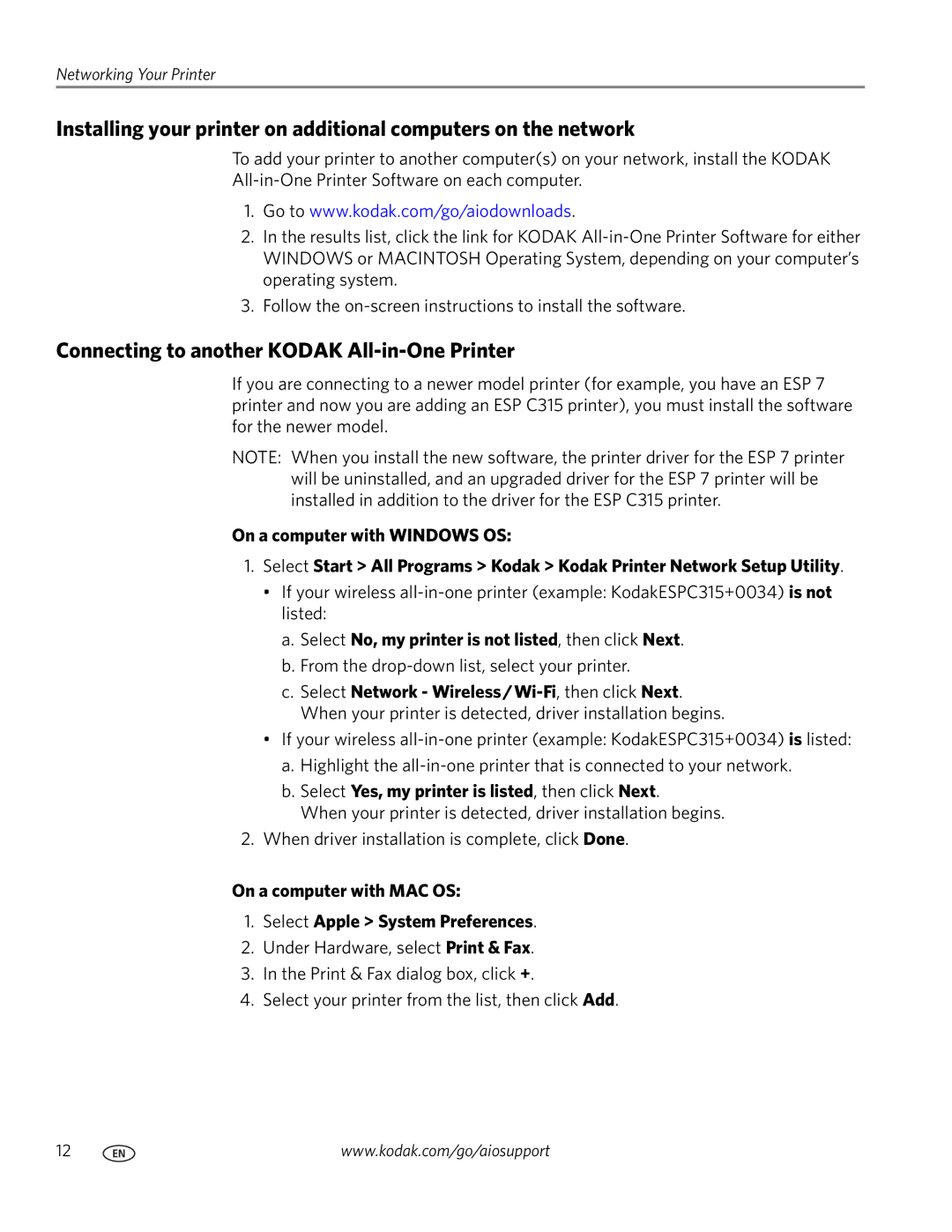 Kodak ESP C315 manual Connecting to another Kodak All-in-One Printer, Select No, my printer is not listed, then click Next 