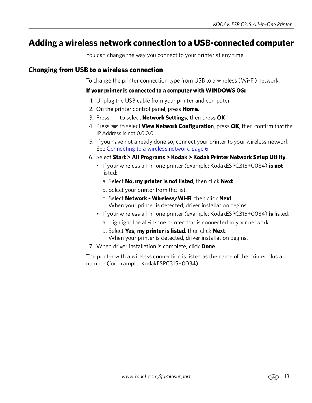 Kodak ESP C315 Changing from USB to a wireless connection, If your printer is connected to a computer with Windows OS 