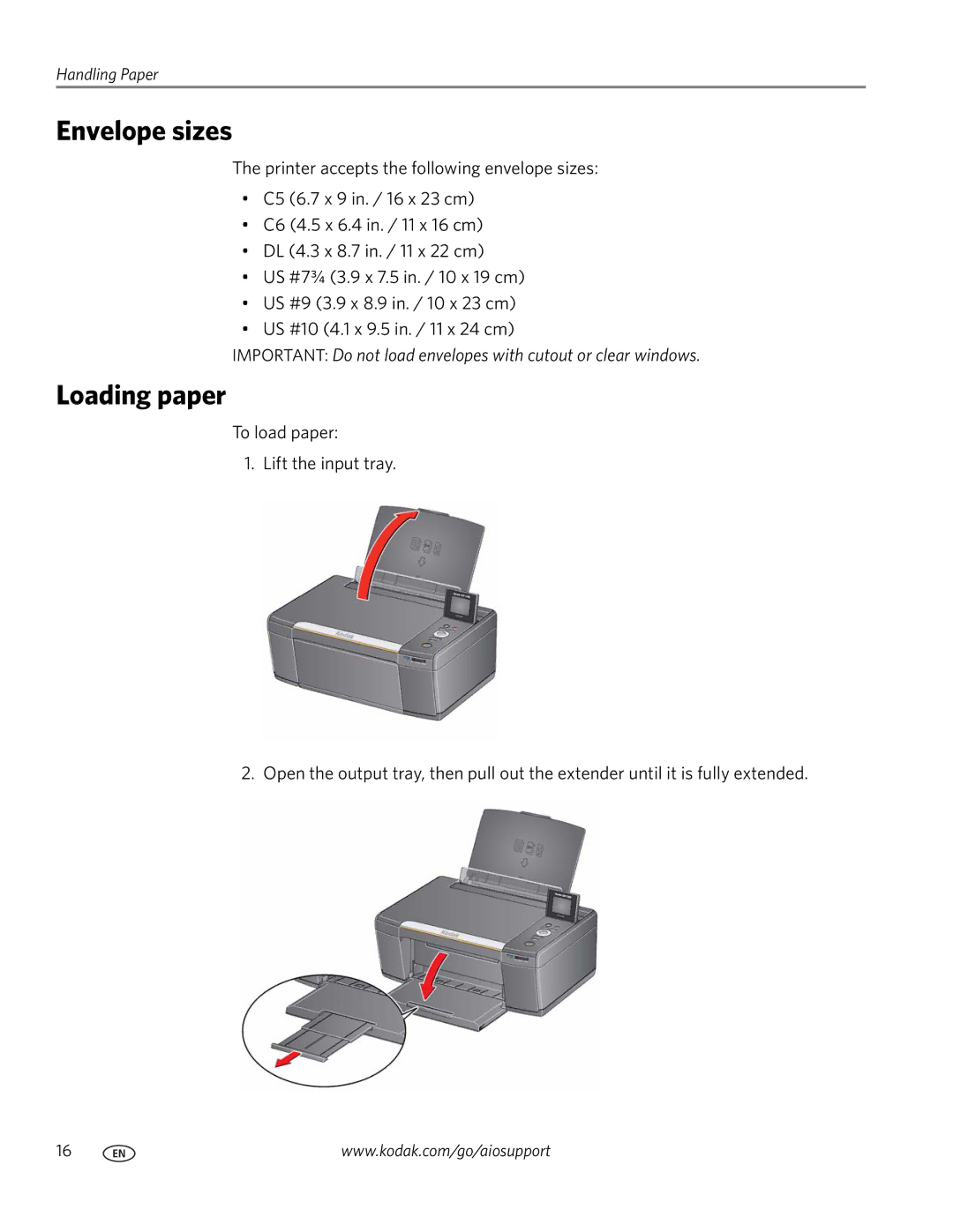 Kodak ESP C315 manual Envelope sizes, Loading paper 