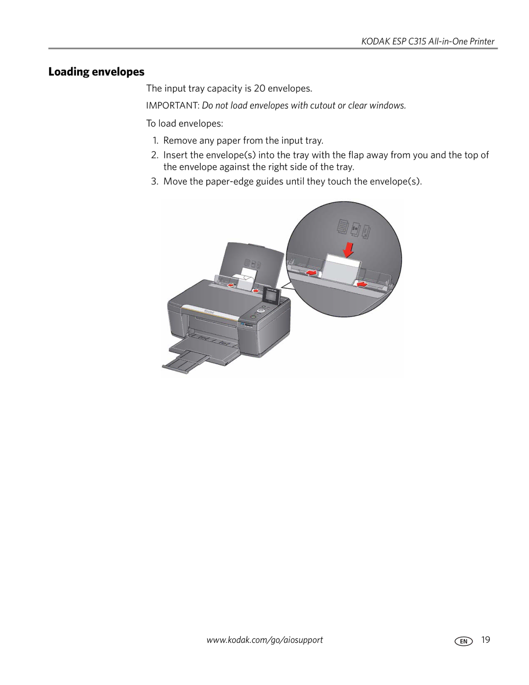 Kodak ESP C315 manual Loading envelopes 