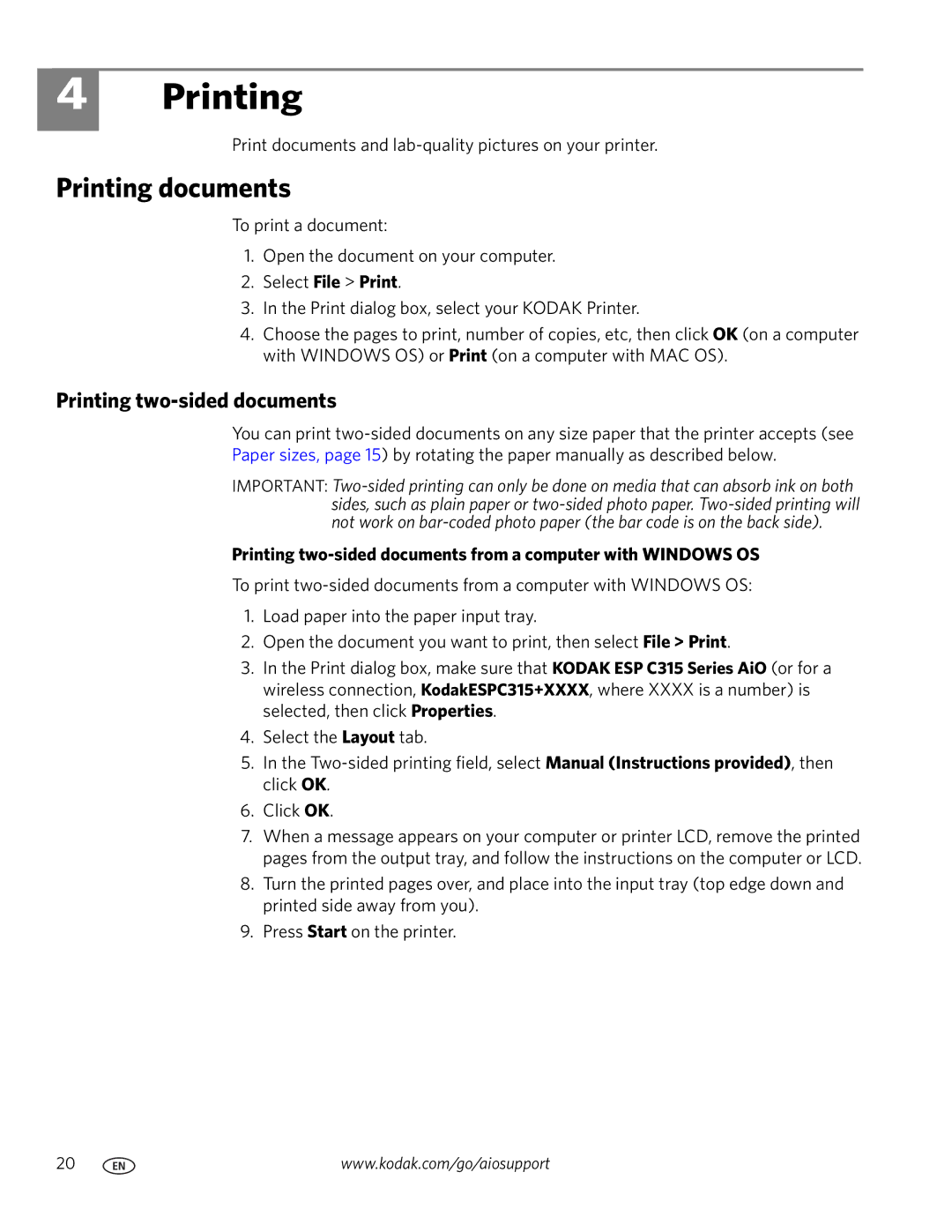 Kodak ESP C315 manual Printing documents, Printing two-sided documents 