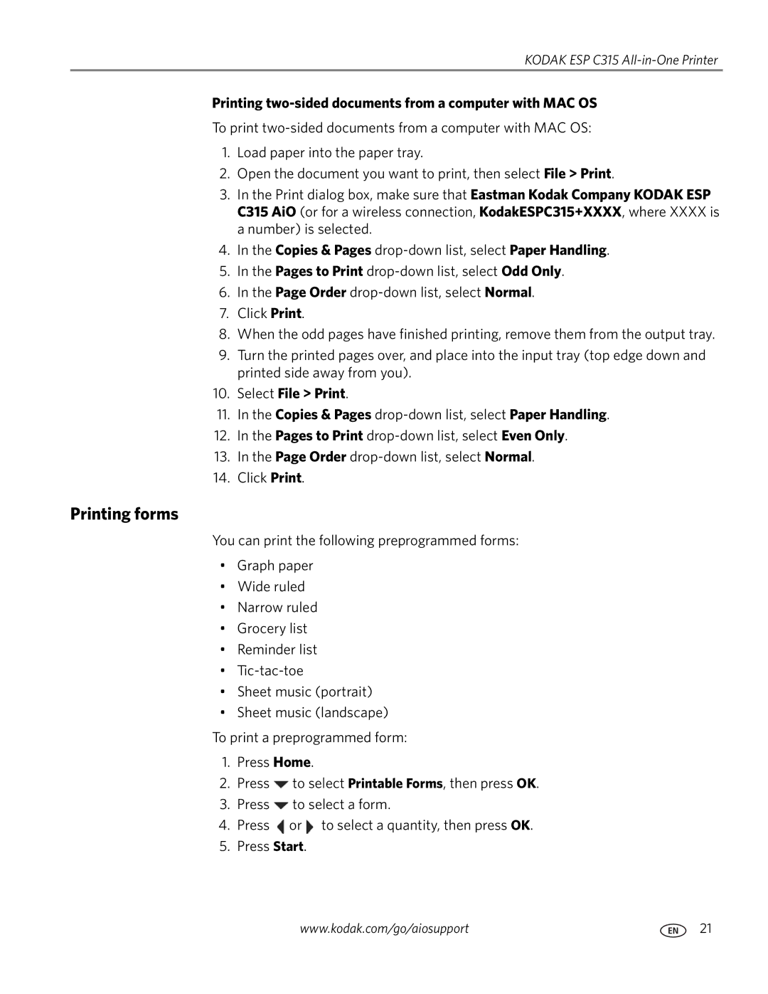 Kodak ESP C315 manual Printing forms, Printing two-sided documents from a computer with MAC OS, Select File Print 