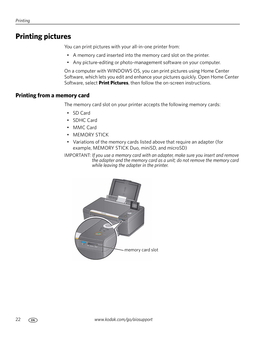 Kodak ESP C315 manual Printing pictures, Printing from a memory card 