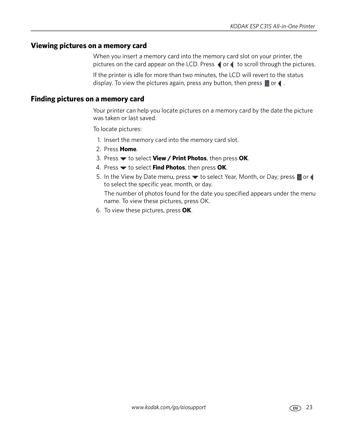 Kodak ESP C315 manual Viewing pictures on a memory card, Finding pictures on a memory card 