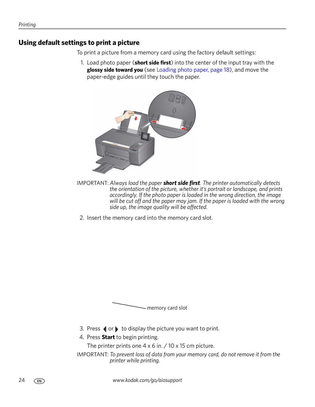 Kodak ESP C315 manual Using default settings to print a picture 