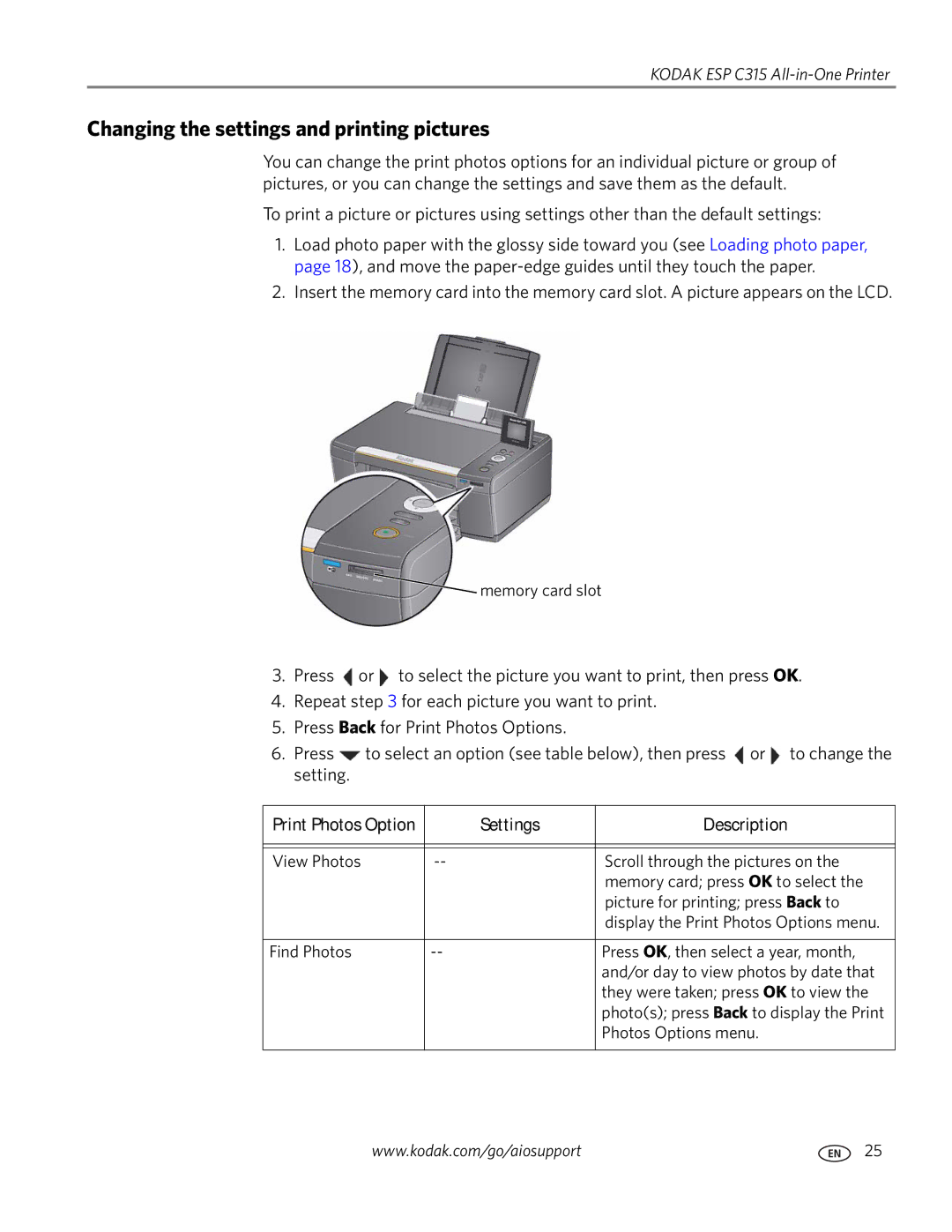 Kodak ESP C315 manual Changing the settings and printing pictures, Settings Description 