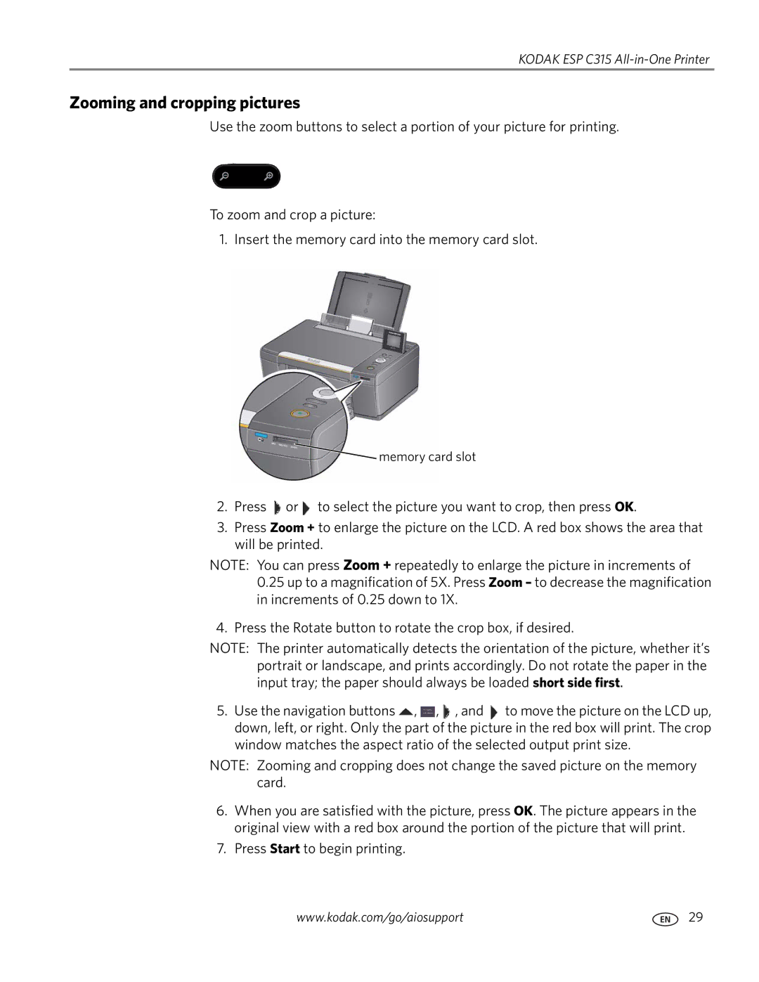 Kodak ESP C315 manual Zooming and cropping pictures 