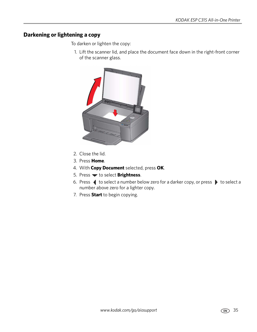 Kodak ESP C315 manual Darkening or lightening a copy 