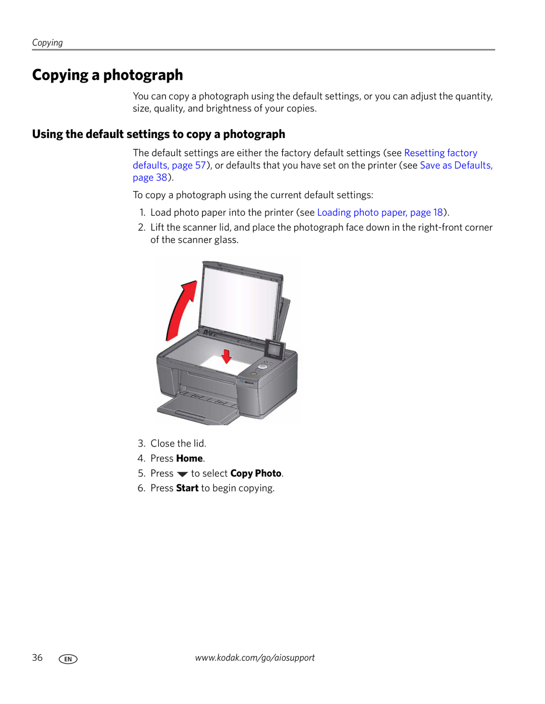 Kodak ESP C315 manual Copying a photograph, Using the default settings to copy a photograph 