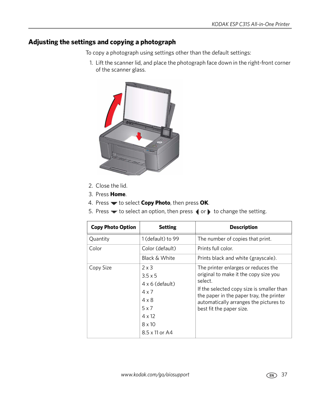 Kodak ESP C315 manual Adjusting the settings and copying a photograph, Copy Photo Option Setting Description 