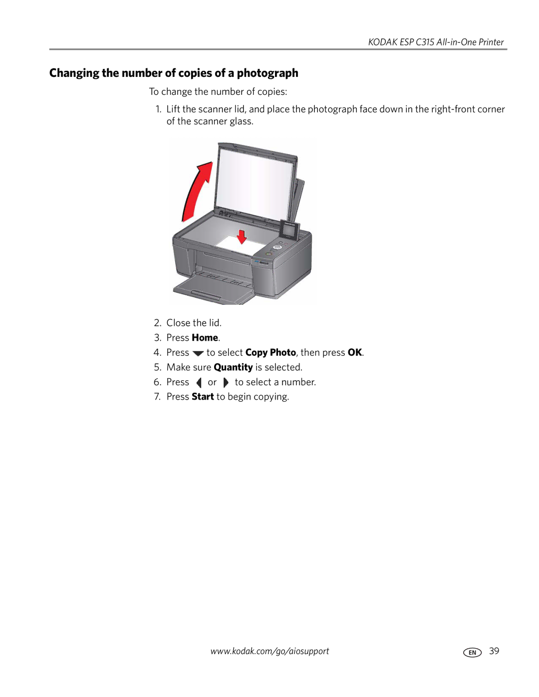 Kodak ESP C315 manual Changing the number of copies of a photograph 