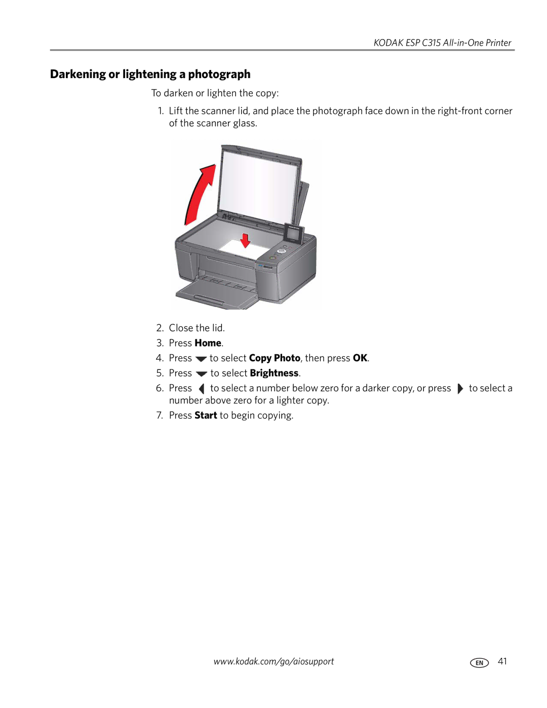 Kodak ESP C315 manual Darkening or lightening a photograph 