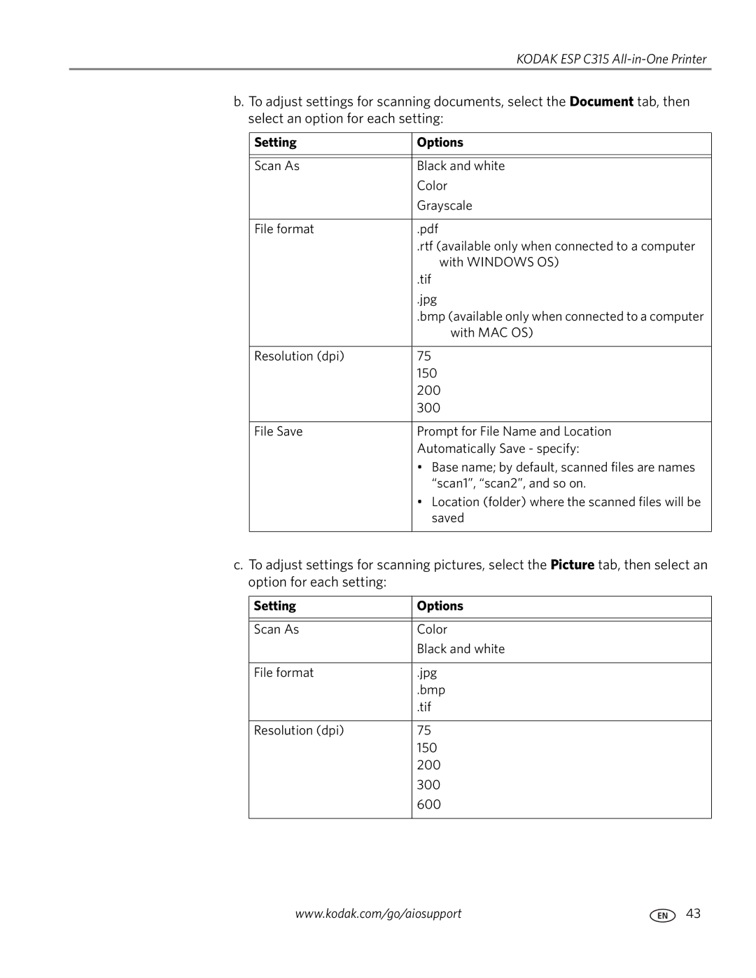 Kodak ESP C315 manual Setting Options 