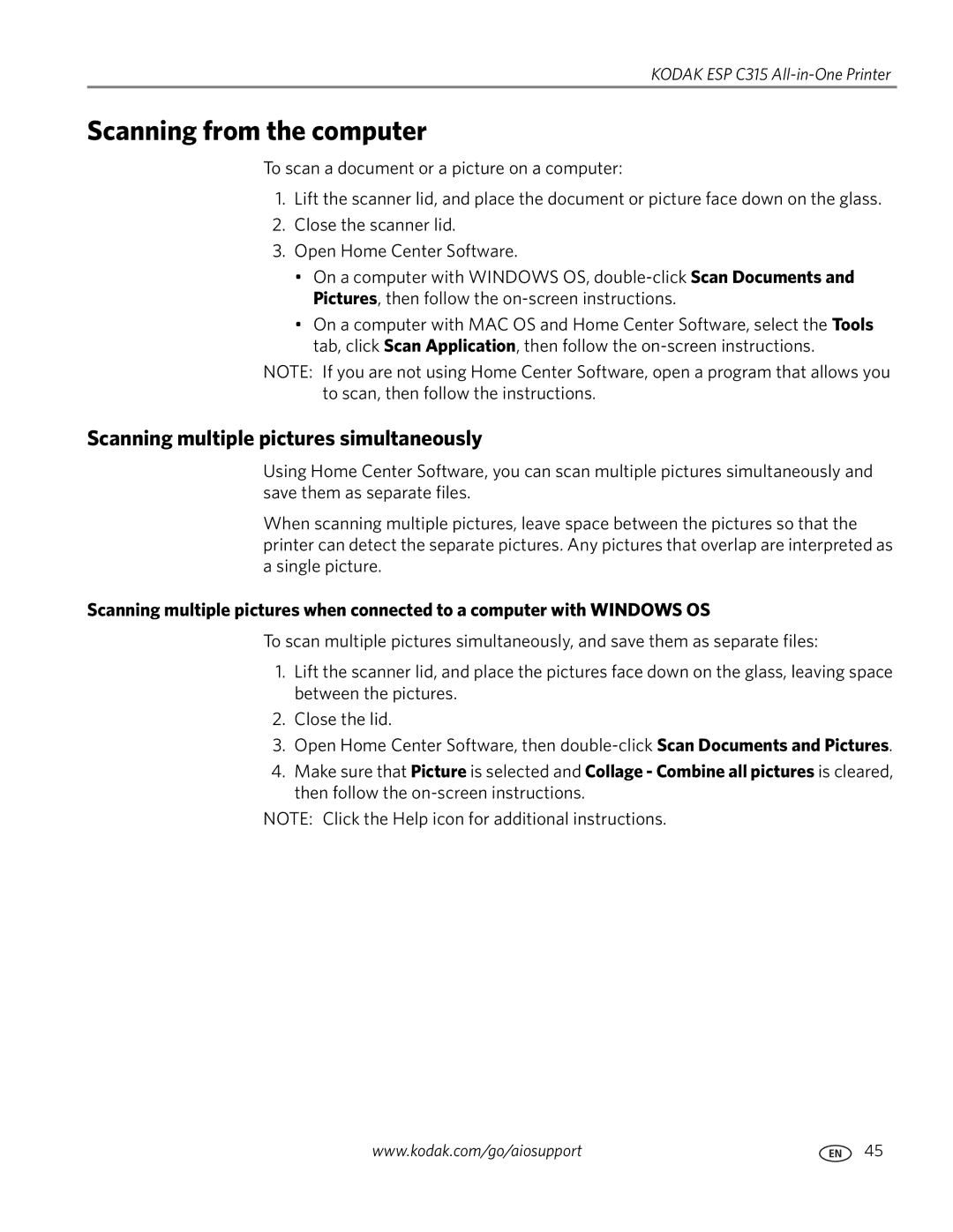 Kodak ESP C315 manual Scanning from the computer, Scanning multiple pictures simultaneously 