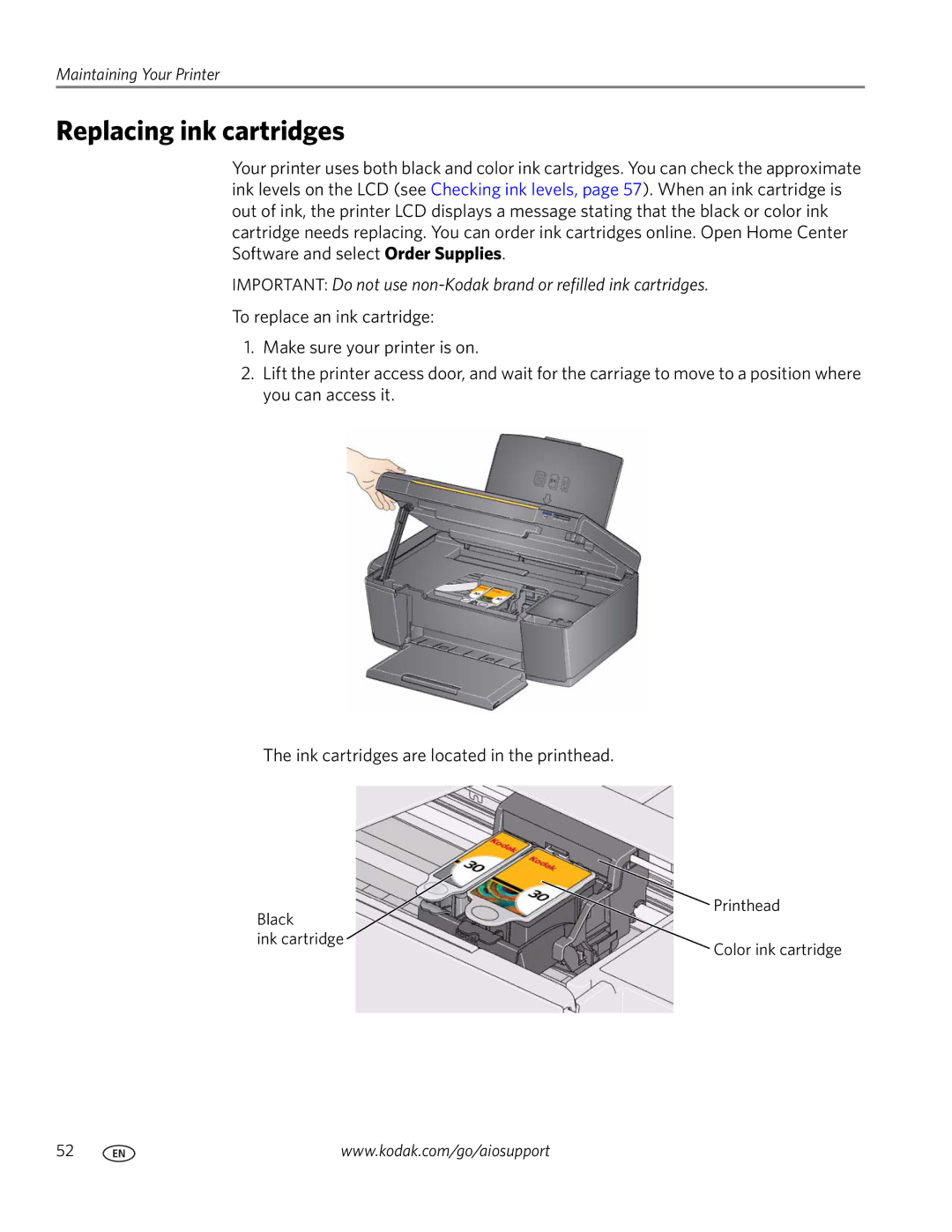 Kodak ESP C315 manual Replacing ink cartridges 