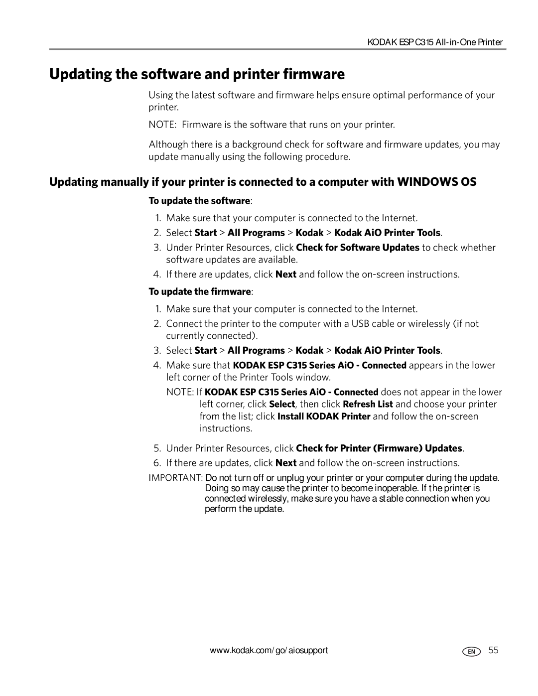 Kodak ESP C315 manual Updating the software and printer firmware, To update the software, To update the firmware 