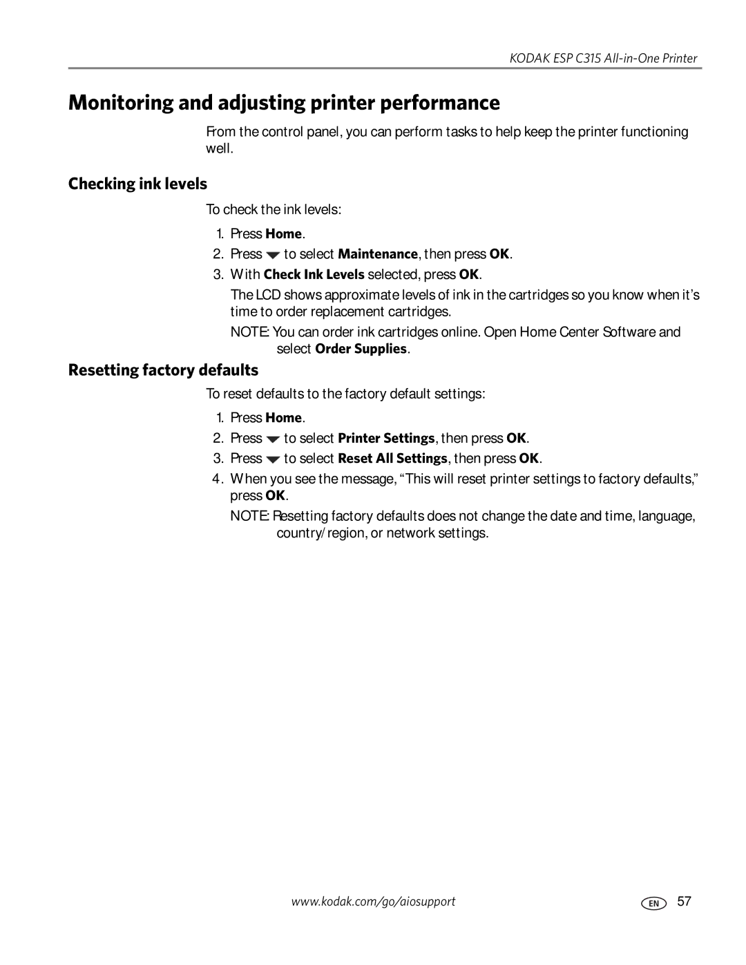 Kodak ESP C315 manual Monitoring and adjusting printer performance, Checking ink levels, Resetting factory defaults 