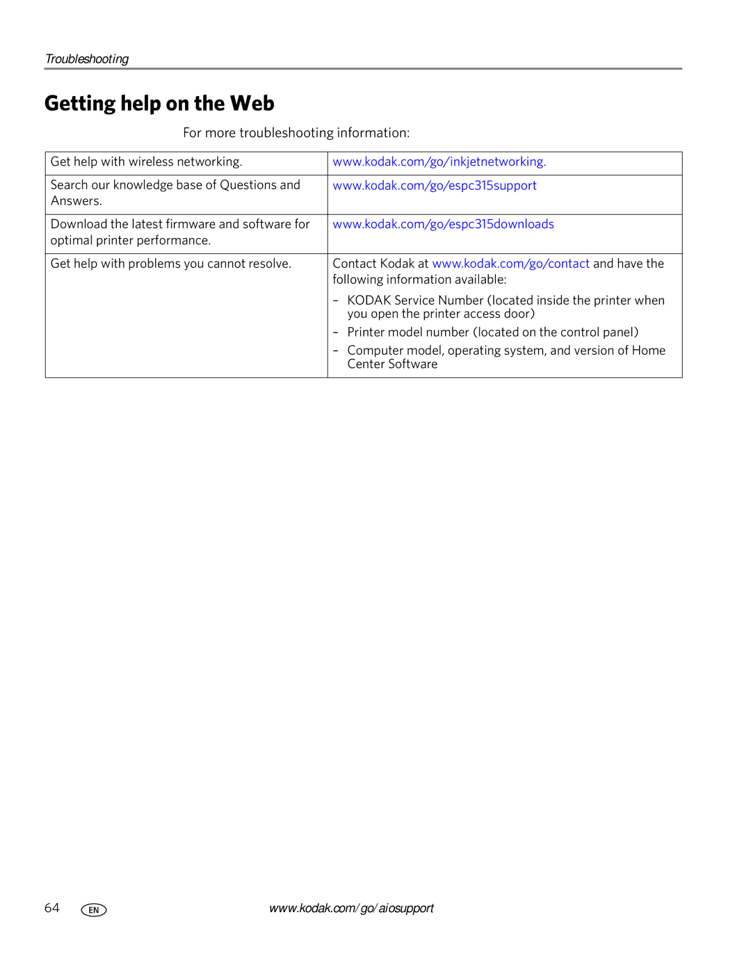 Kodak ESP C315 manual Getting help on the Web, For more troubleshooting information 