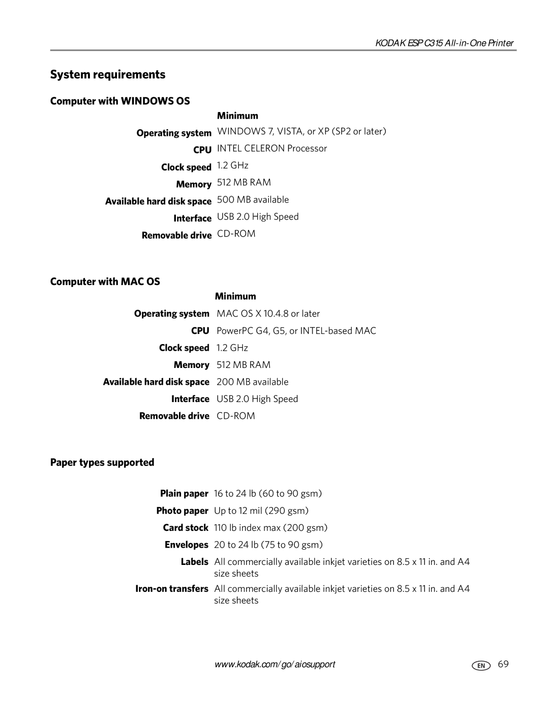 Kodak ESP C315 manual System requirements, Computer with Windows OS, Computer with MAC OS, Paper types supported 