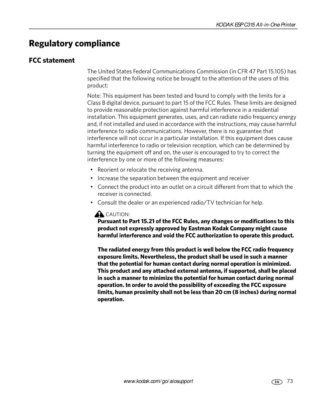 Kodak ESP C315 manual Regulatory compliance, FCC statement 