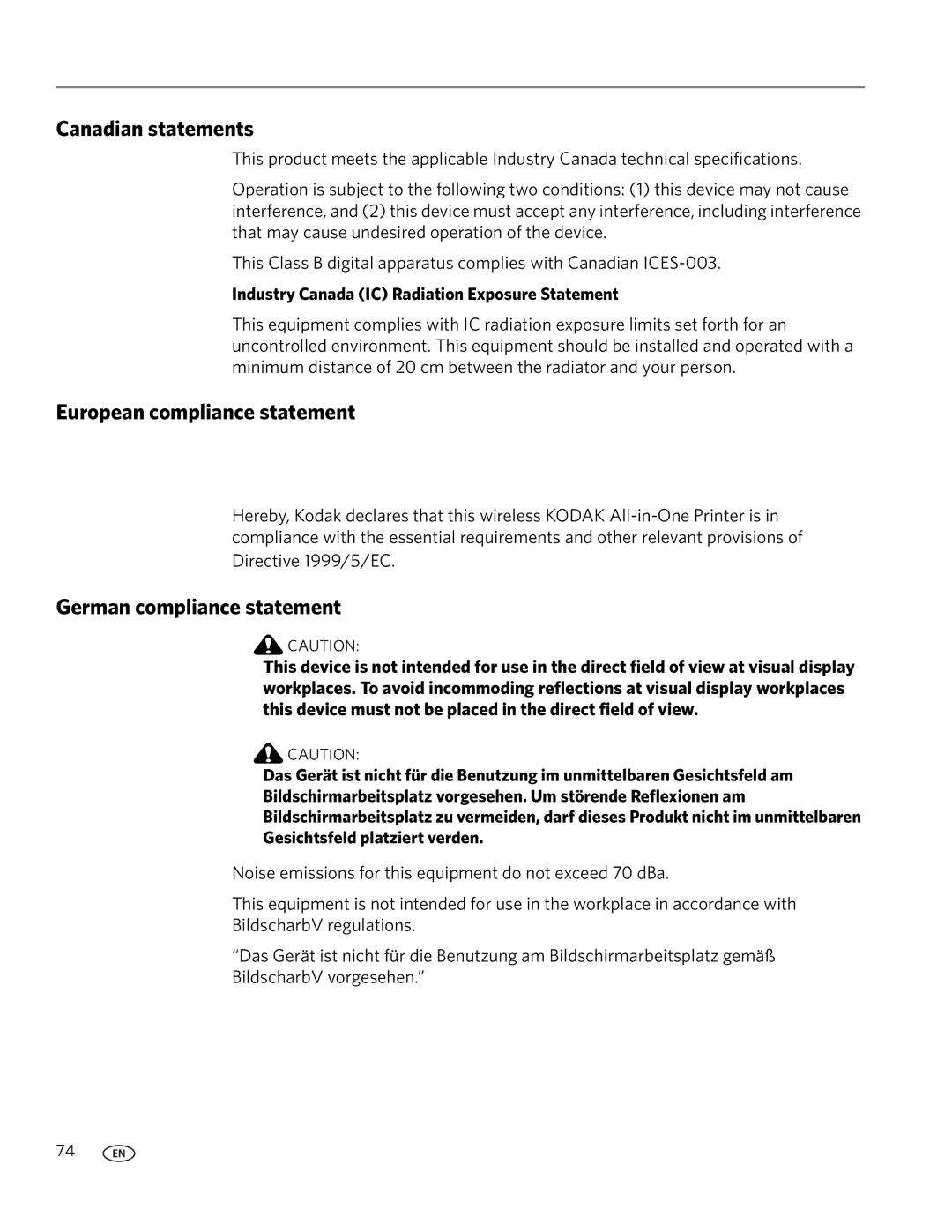 Kodak ESP C315 manual Canadian statements, European compliance statement, German compliance statement 