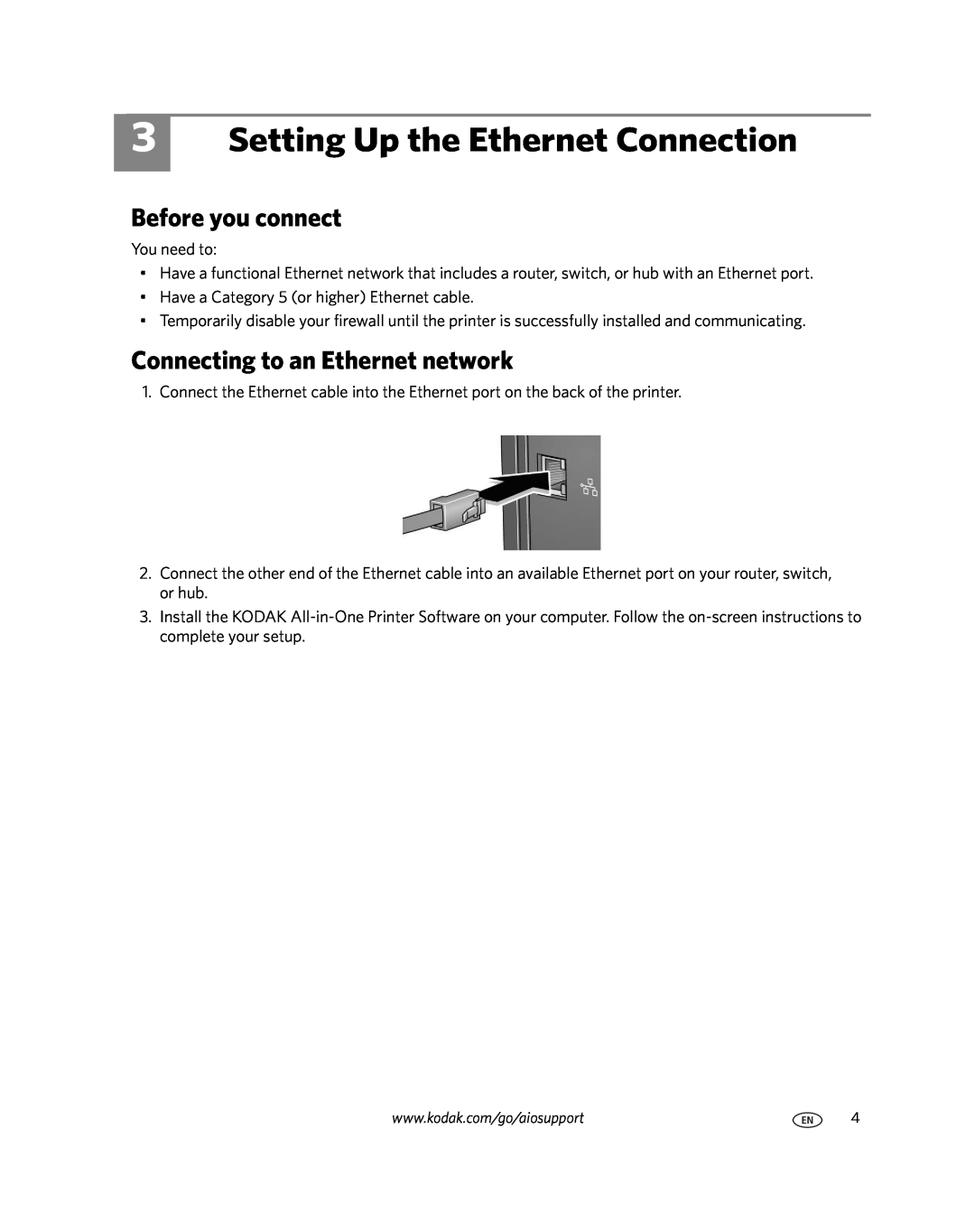 Kodak 1K5857, ESP7200 setup guide Setting Up the Ethernet Connection, Connecting to an Ethernet network, Before you connect 