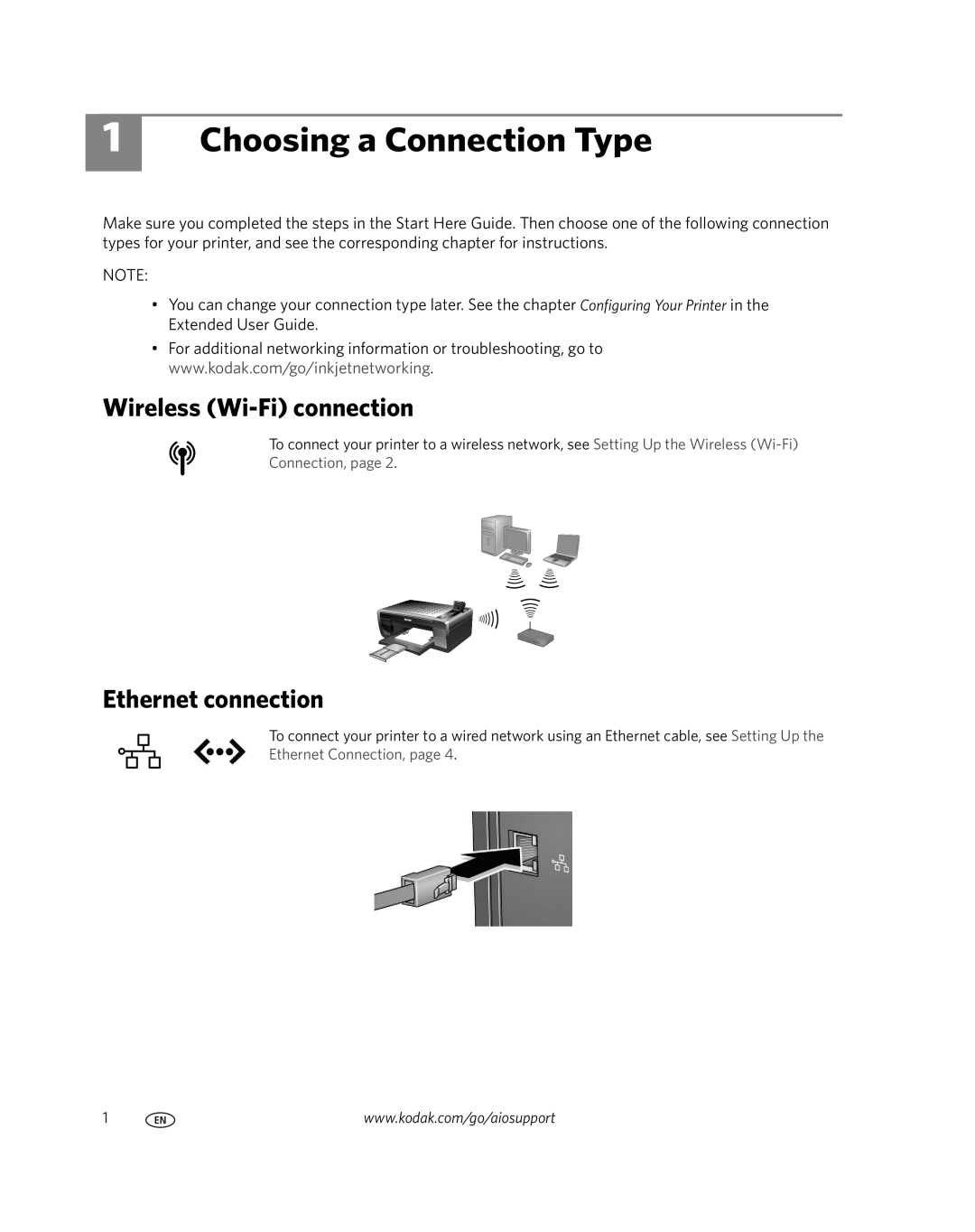 Kodak ESP7200, 1K5857 setup guide Choosing a Connection Type, Wireless Wi-Fi connection, Ethernet connection 