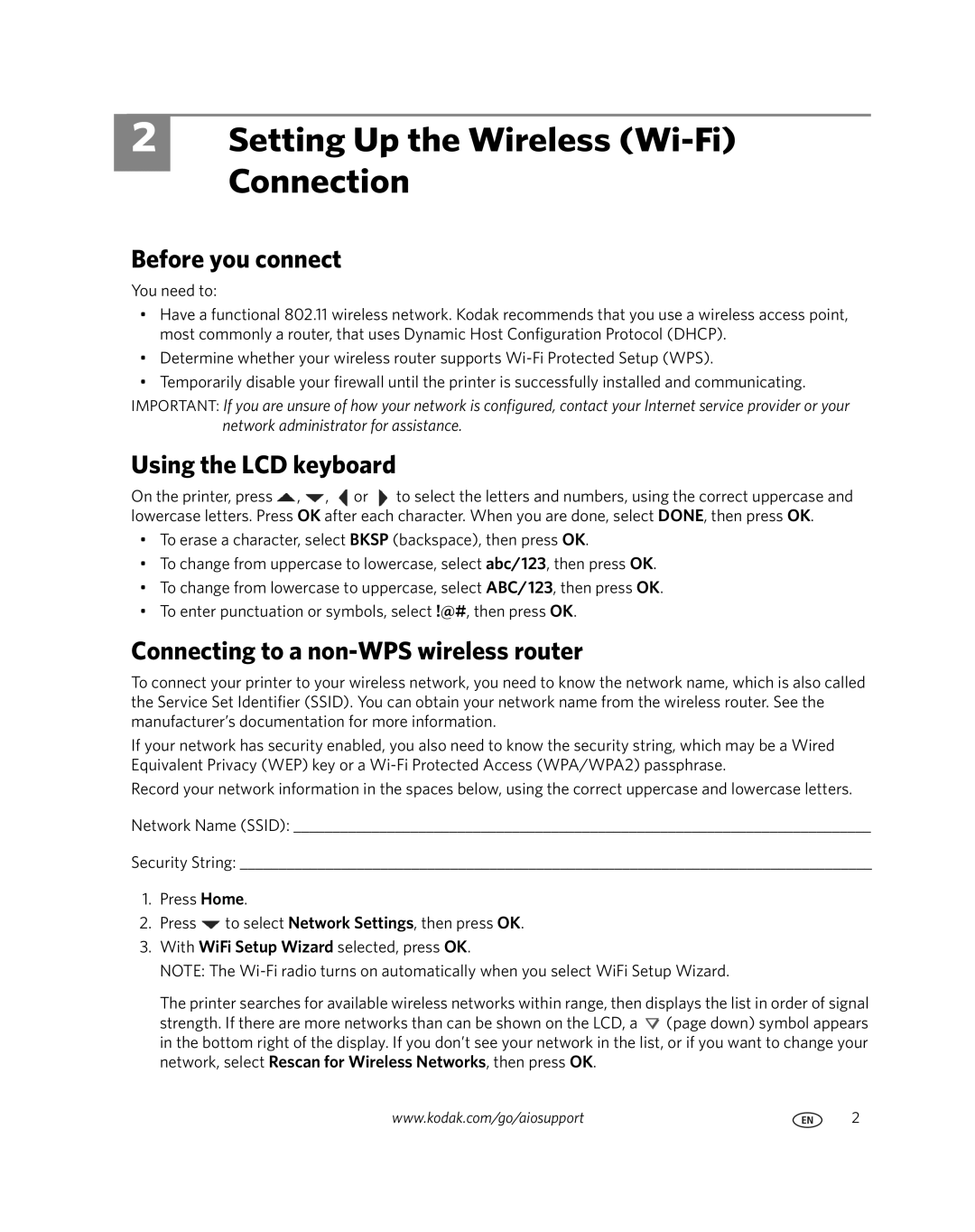 Kodak 1K5857, ESP7200 setup guide Setting Up the Wireless Wi-Fi Connection, Before you connect, Using the LCD keyboard 