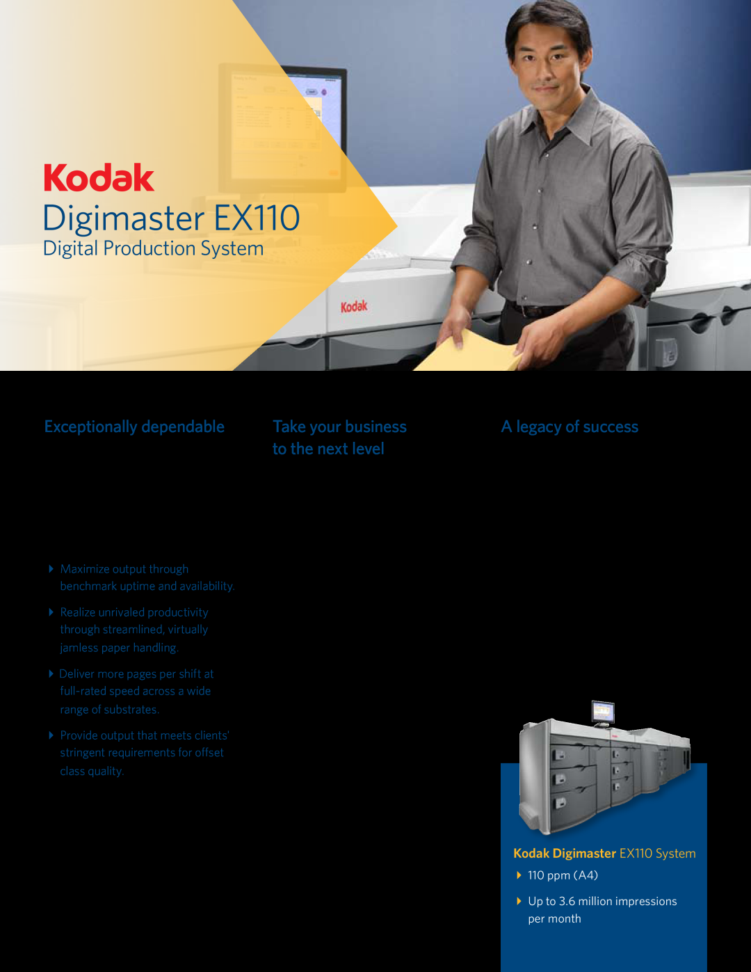 Kodak manual Digimaster EX110, Digital Production System, Exceptionally dependable, A legacy of success 