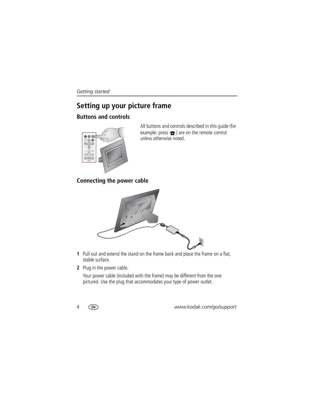 Kodak EX811, EX1011 manual Setting up your picture frame, Buttons and controls, Connecting the power cable 