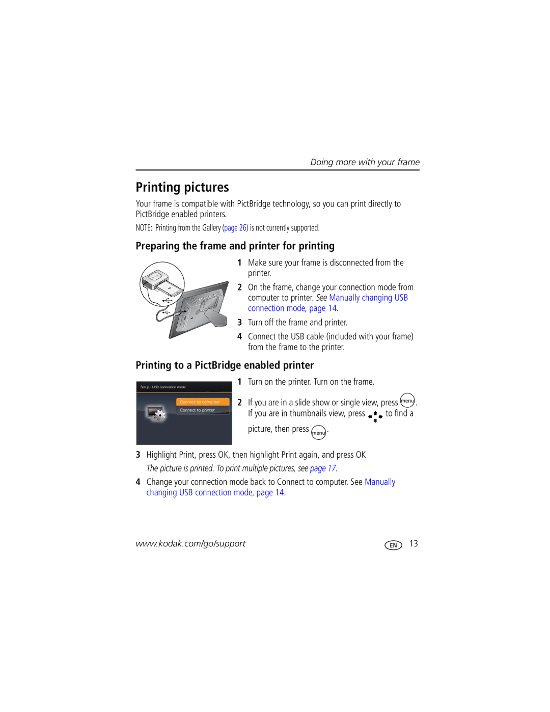 Kodak EX1011 Printing pictures, Preparing the frame and printer for printing, Printing to a PictBridge enabled printer 