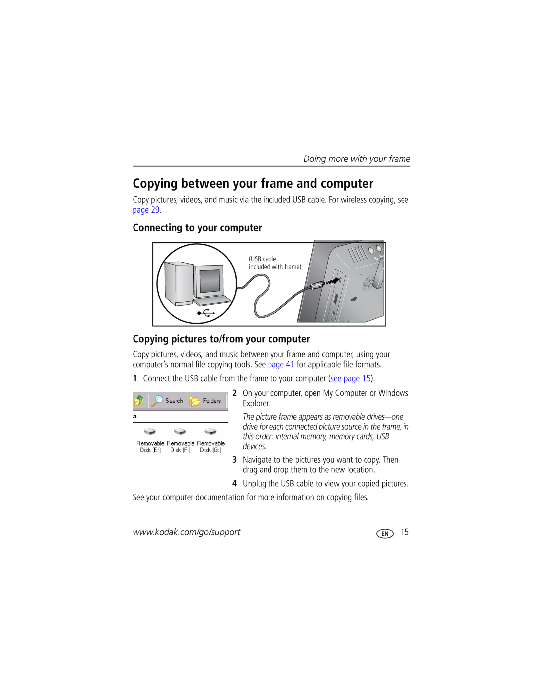 Kodak EX1011 Copying between your frame and computer, Connecting to your computer, Copying pictures to/from your computer 