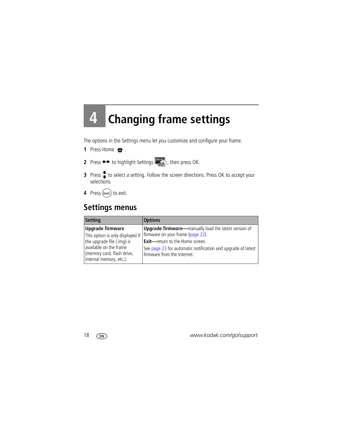 Kodak EX811, EX1011 manual Changing frame settings, Settings menus, Press Home Press to highlight Settings , then press OK 