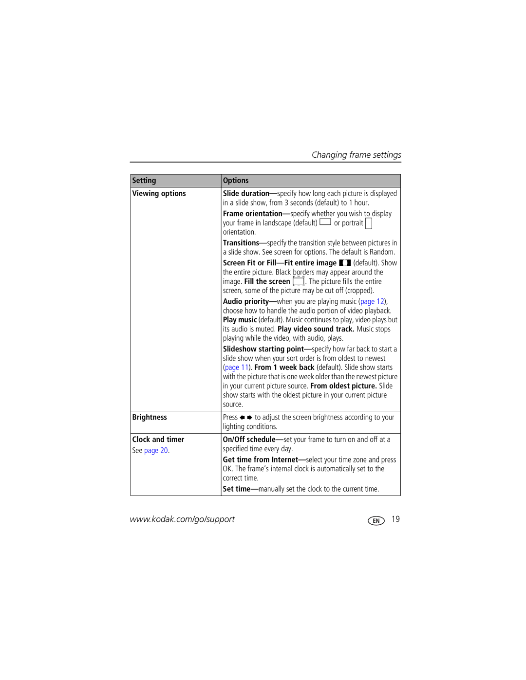 Kodak EX1011, EX811 manual Setting Options Viewing options, Brightness, Clock and timer 