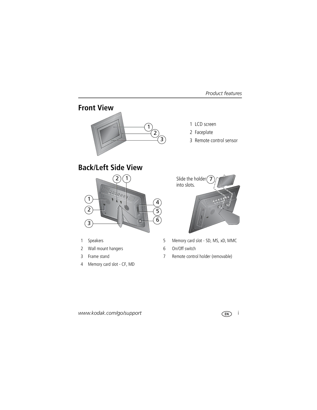 Kodak EX1011, EX811 manual Front View, Back/Left Side View, LCD screen, Faceplate, Into slots 