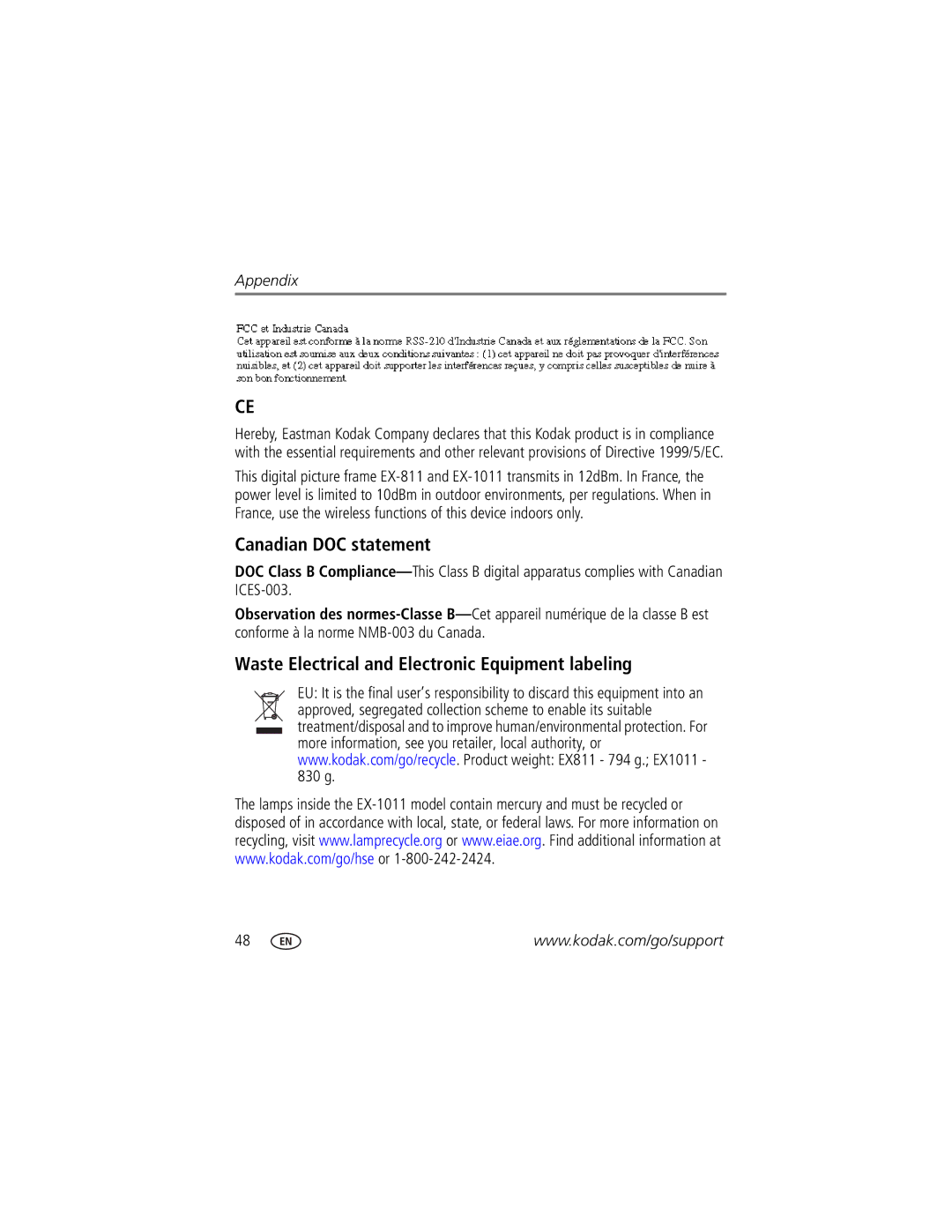 Kodak EX811, EX1011 manual Canadian DOC statement, Waste Electrical and Electronic Equipment labeling 