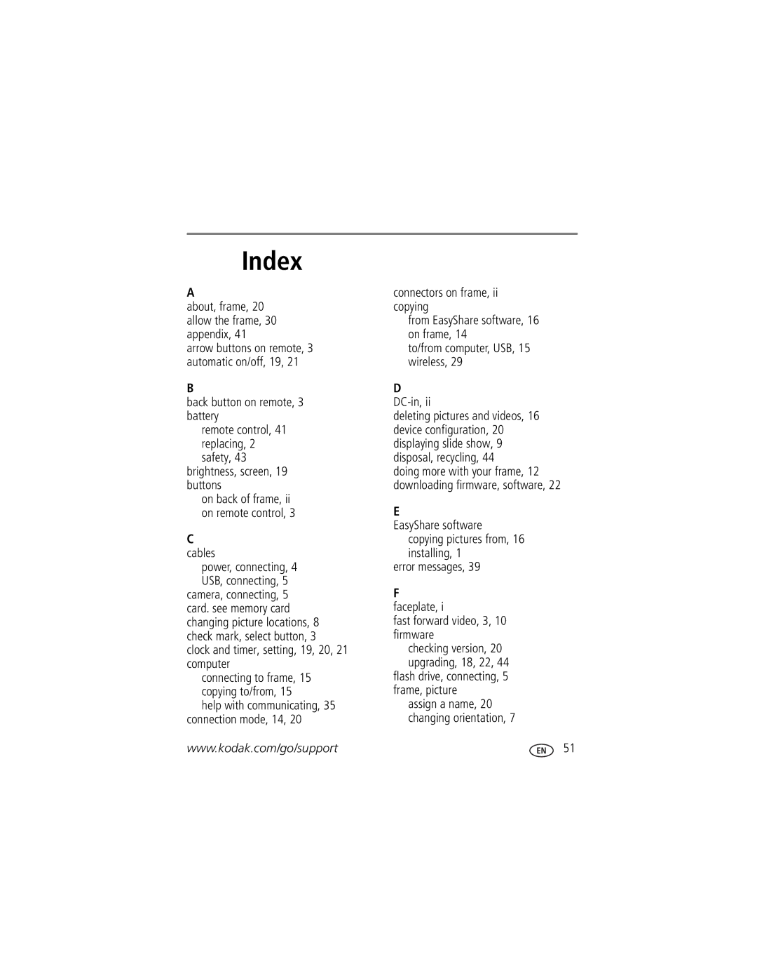 Kodak EX1011, EX811 manual Index, Clock and timer, setting, 19, 20, 21 computer, Connectors on frame, ii copying 