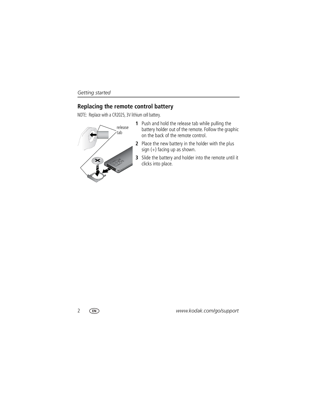 Kodak EX811, EX1011 manual Replacing the remote control battery 