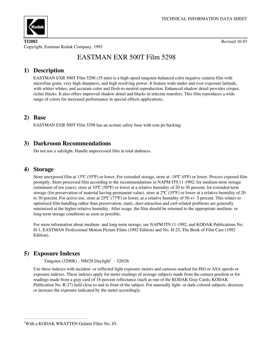 Kodak EXR 500T manual Description, Base, Darkroom Recommendations, Storage, Exposure Indexes 