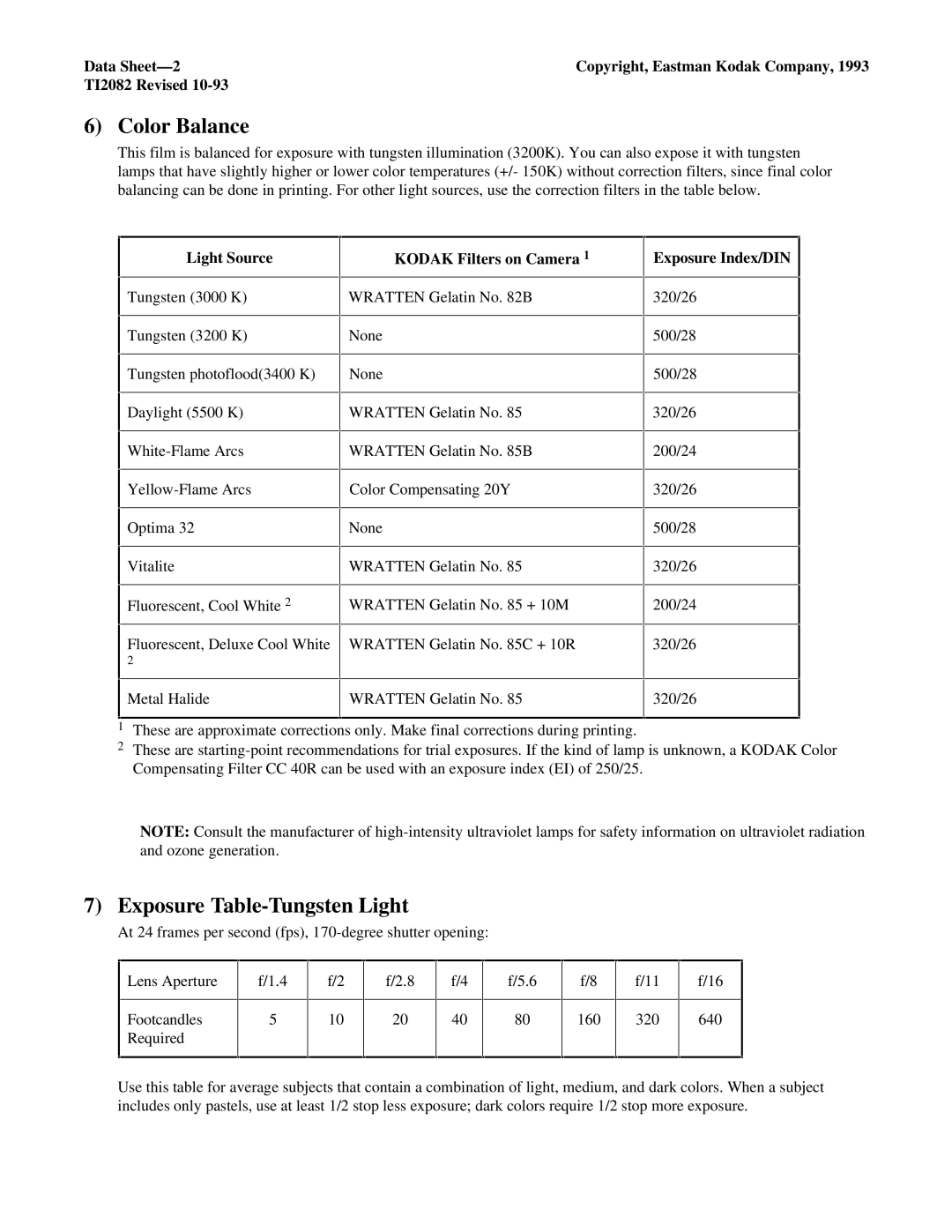 Kodak EXR 500T manual Color Balance, Exposure Table-Tungsten Light 